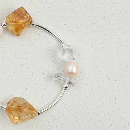 Brazilian Yellow Crystal & Clear Quartz Bracelet with Freshwater Pearl and S925 Silver