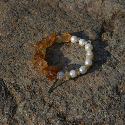 Freshwater Pearl & Brazilian Citrine Crystal Bracelet with Sterling Silver Charm