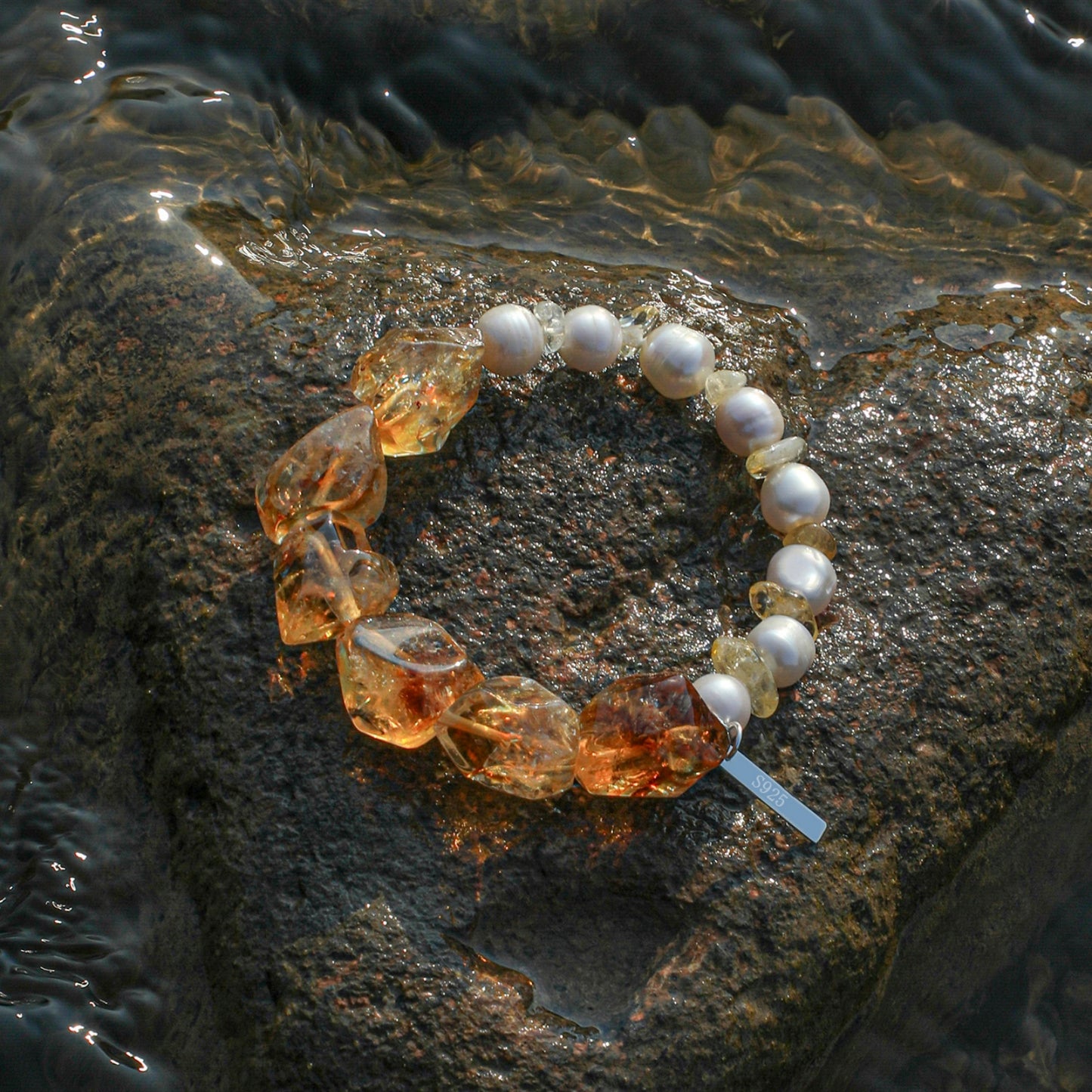 Freshwater Pearl & Brazilian Citrine Crystal Bracelet with Sterling Silver Charm