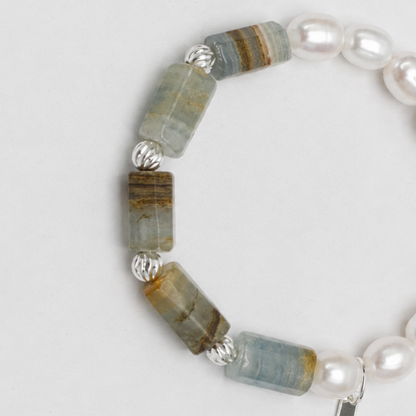 Freshwater Pearl & Blue Lace Natural Crystal Bracelet with Sterling Silver Accents
