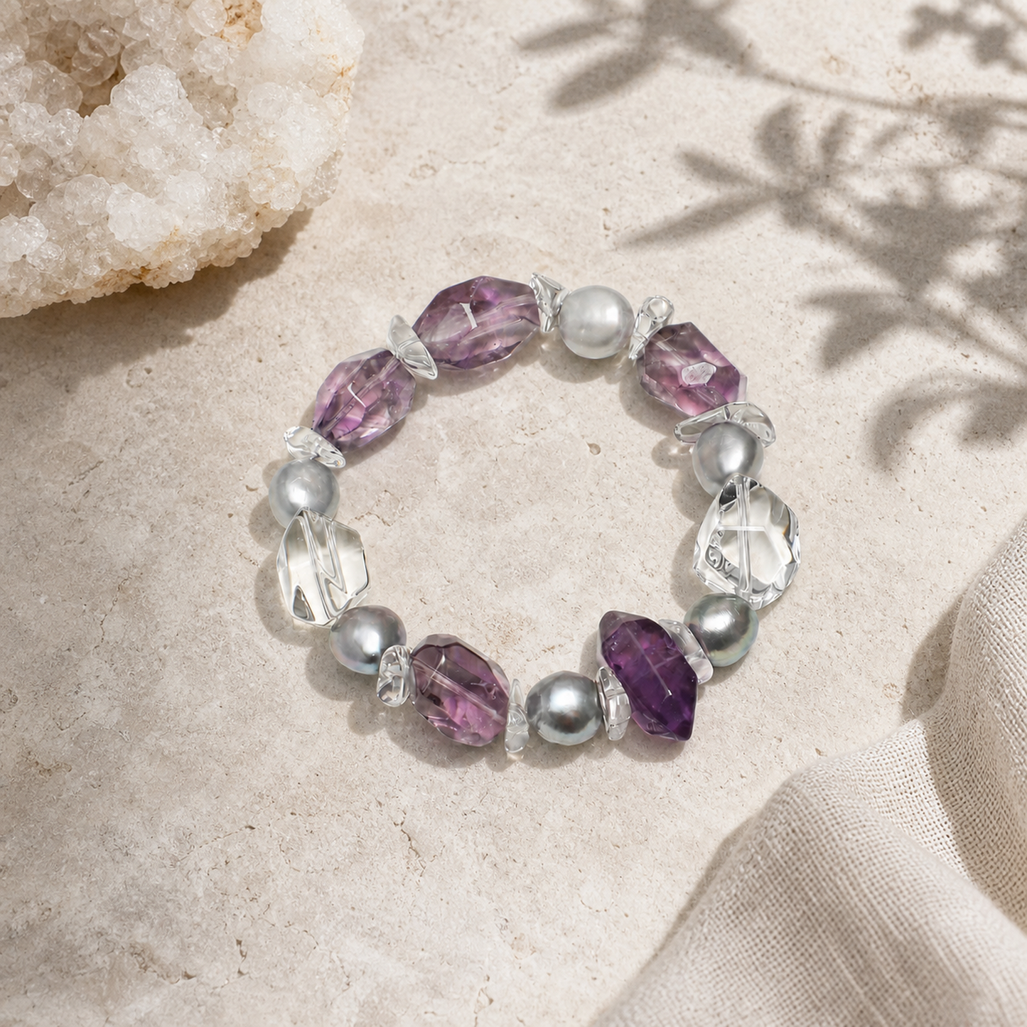 Natural Amethyst & Clear Quartz Bracelet with Gray Baroque Pearl Accents