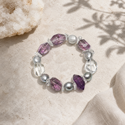 Natural Amethyst & Clear Quartz Bracelet with Gray Baroque Pearl Accents