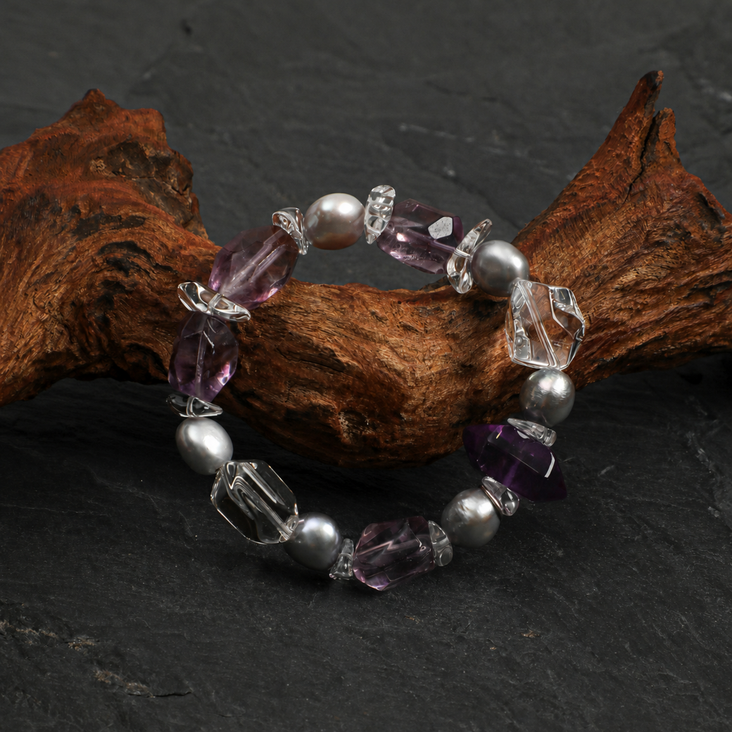 Natural Amethyst & Clear Quartz Bracelet with Gray Baroque Pearl Accents
