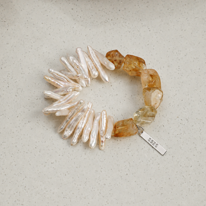 Natural Yellow Crystal & Baroque Stick Pearl Bracelet with Sterling Silver Charm