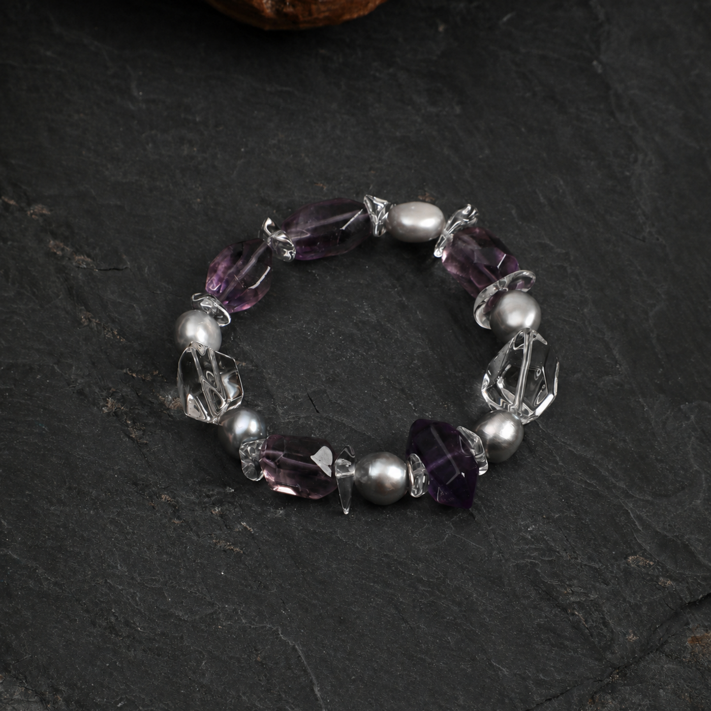 Natural Amethyst & Clear Quartz Bracelet with Gray Baroque Pearl Accents