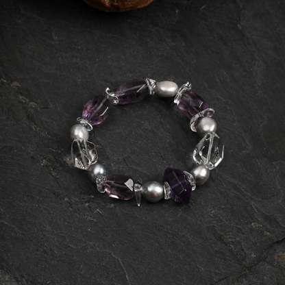 Natural Amethyst & Clear Quartz Bracelet with Gray Baroque Pearl Accents