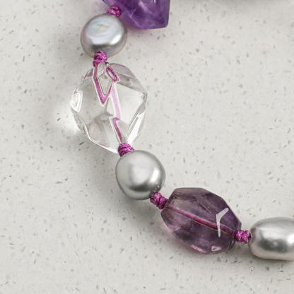Natural Amethyst & Clear Quartz Bracelet with Gray Baroque Pearl Accents