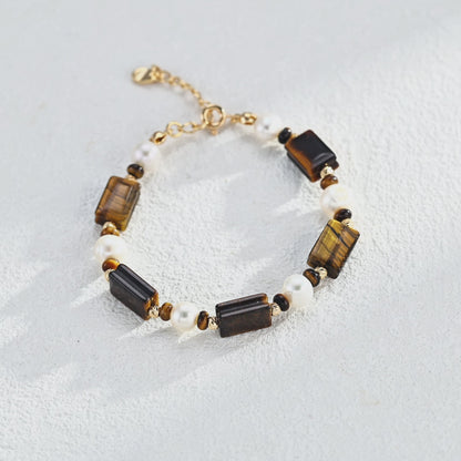 Tiger Eye Pearl Bracelet, S925 Sterling Silver Vintage Gold Old Money Beaded Bracelet
