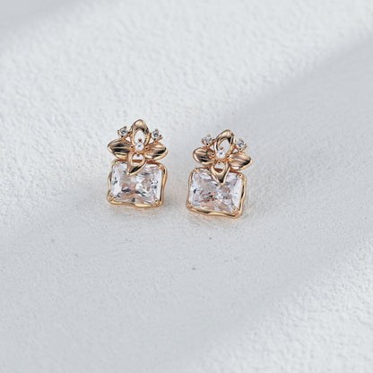 Flower Cubic Zirconia Stud Earrings, S925 Sterling Silver Vintage Gold Floral Earrings